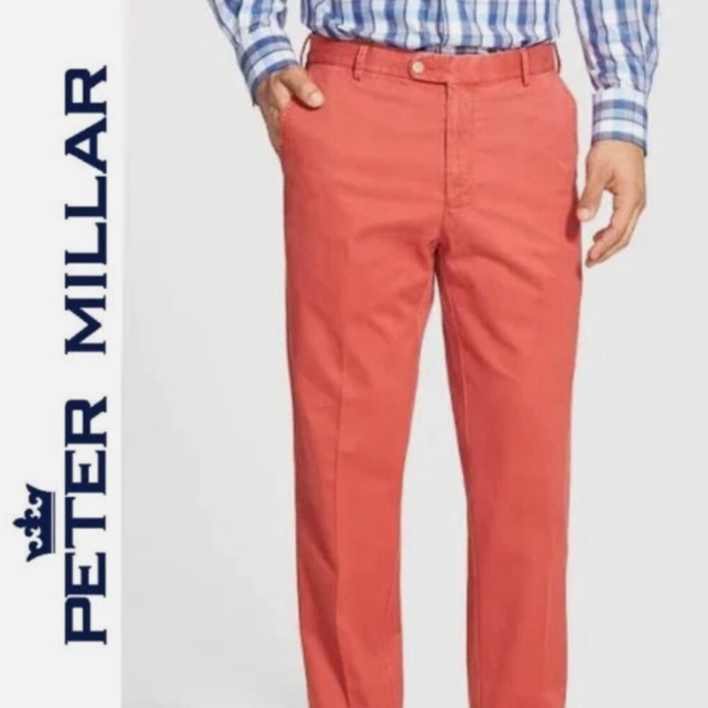 Peter Millar Raleigh Washed Twill Pants Papaya 38x29 Pima Cotton Flat Front